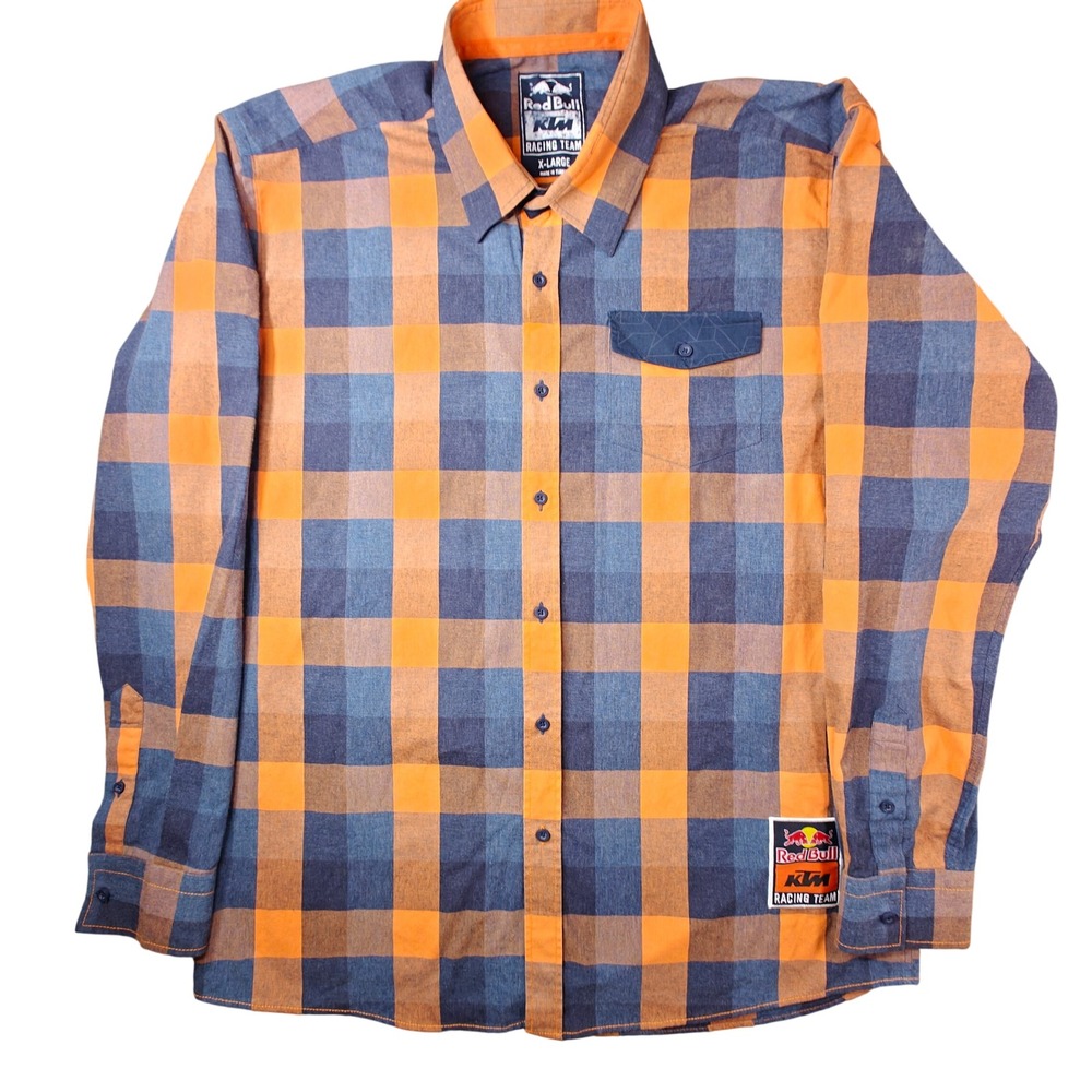 Red Bull KTM Racing Team Mens XL Blue Orange Plaid Button Down Flannel Shirt
